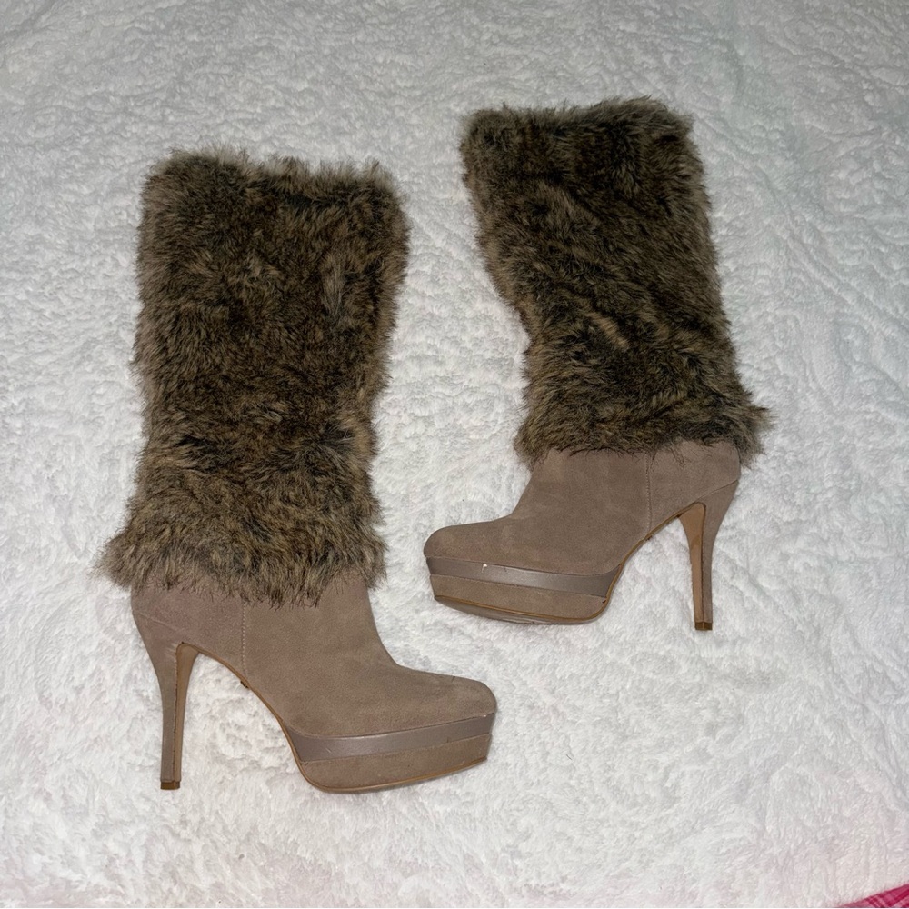Fergie Taupe Faux-Fur Platform Stiletto Boots